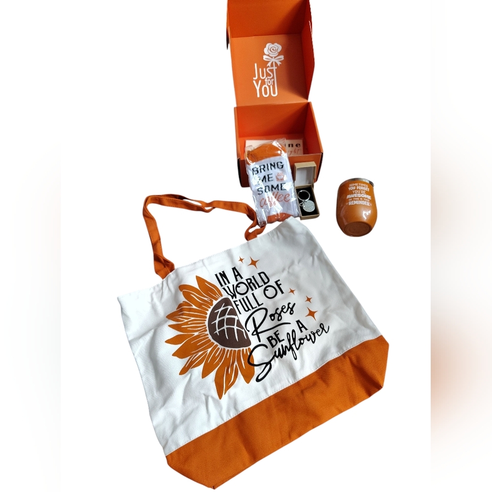 Women's Gift Box with Sunflower Theme, Tote, Tumbler, Keychain, Socks, Card